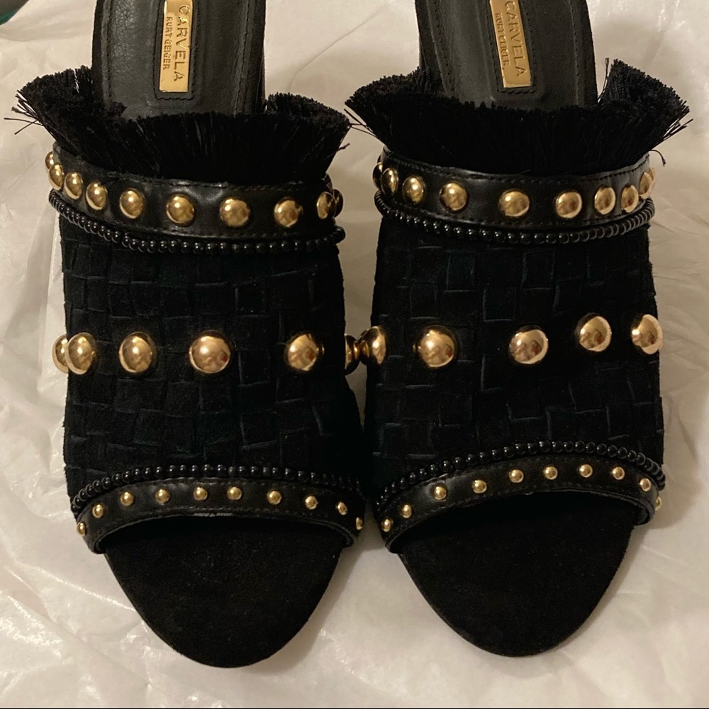 Carvela Kurt Geiger ‘Gander’ Mid Heel  Gold Studded Black Suede Mule Heels 37 - Picture 8 of 16